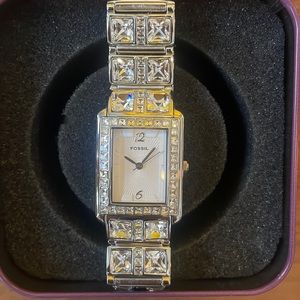 Fossil rectangle, diamond, stainless steal watch